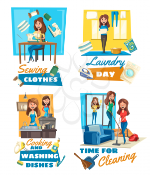 Housekeeping service, cleaning and cooking, dishwashing and laundry, sewing. Vector housewife, vacuum cleaner and mop, sink and clean clothes. Washer and iron, mixer and detergent, household chores