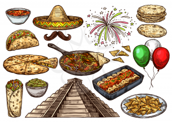 Cinco de Mayo Mexican holiday traditional food and fiesta celebration symbols. Vector sketch sombrero with tacos, nachos and burrito, quesadilla and tortilla with avocado guacamole