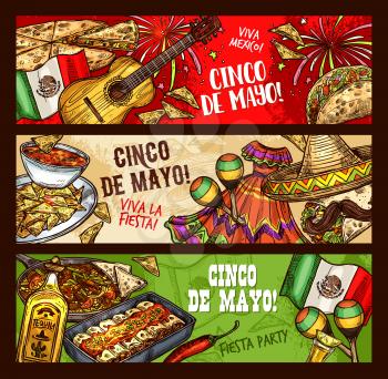 Cinco de Mayo Mexican holiday, Viva Mexico fiesta celebration sketch banners. Vector Cinco de Mayo traditional symbols of sombrero, tequila and avocado with burrito, nachos and guacamole