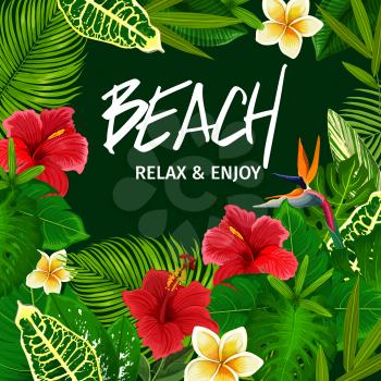 Beach party invitation with tropical palm leaves and exotic flowers frame. Summer vacation and holiday floral poster, decorated by jungle tree and plants, hibiscus, strelitzia and plumeria blossom
