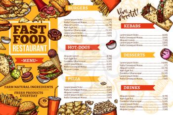 Fast food vector menu of burgers and hamburgers, hot dog or sandwich and pizza with french fries, kebab and barbecue, burrito and soda, desserts and drinks with meals or snacks, nachos