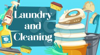 House cleaning, laundry and cleaning items. Spray, brush and sponge, detergent bottle and broom, mop and glove, soap and bucket. Laundry, duster and iron, plunger and scraper vector objects