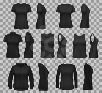 Black shirt vector templates with blank 3d mockups of women clothes. Front and side view of sleeveless polo and tank top, sweatshirt, long sleeve shirt and sport hoodie on transparent background