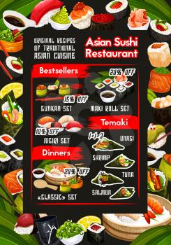 Sushi bar and japanese restaurant vector menu with discount offer of temaki, nigiri and gunkan set, philadelphia, california and maki rolls with salmon fish, rice and seafood. Asian cuisine design