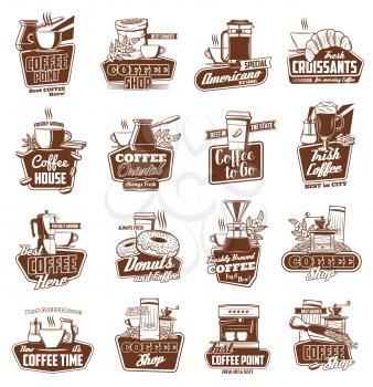 Coffee shop and cafe vector icons of hot drink cups and espresso machine. Cappuccino, latte and hot chocolate mugs, coffee pot, grinder and beans. Emblem, symbol and badge design