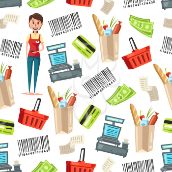 Cashier or woman seller of supermarket and store vector seamless pattern. Retail background with saleswoman, cash registers and food bags, money, barcodes and shopping baskets, checks, bank cards