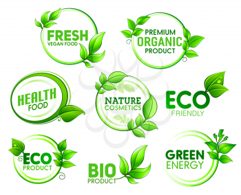 Green leaves vector icons of eco friendly and green energy, bio, organic and nature cosmetics, fresh and health food products. Round label, emblem or symbol design with leafy branches and stems