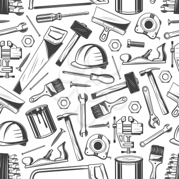 Building and construction tools seamless pattern. Vector saw and hammer, paint brush, helmet and screwdriver. Screw and nail, nut and file, roller and wrench, putty knife