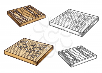 Japanese go and shogi chess game vector icons. Strategy oriental game on wooden board. Entertainment amusement, intellectual contest mind sport. Monochrome battleground color play pieces