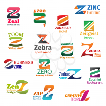 Corporate identity letter Z business icons. Vector development and zoology, recreation and technology, finance, medicine and fashion. Entertainment, education and software, shopping and food, design