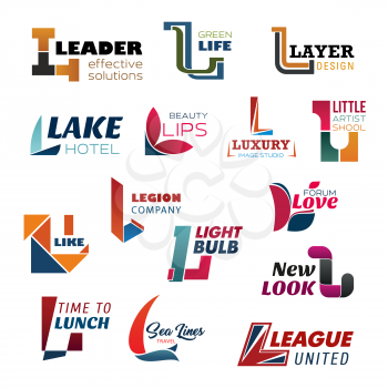 Letter L business icons with creative alphabet font, composed of abstract shapes. Corporate identity design for food, travel and fashion, sport, spa and hotel business industry