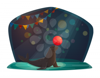 Circus seal balancing ball and juggling red balloon. Vector isolated big top circus wild trained animal in performance show spotlight with flags