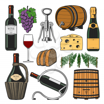 Winemaking and winery icons. Vector red and white sparkling wine accessories, champagne bottle in holder, vault wooden barrel with corkscrew and vineyard grape vines, bread and cheese snack