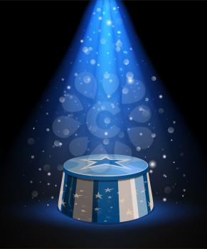 Circus arena stand or top tent stage, vector. Empty platform of ringmaster podium or pedestal with stars an blue white strips in bright spotlight rays. Carnival performance and entertainment