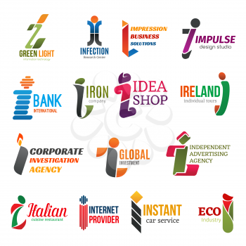 Corporate identity letter I business icons. Vector technology, research and banking, shopping and travel, investigation and finance. Advertising and food, internet and repair, transport and ecology