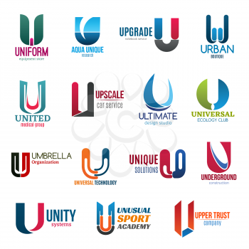 Corporate identity letter U business icons. Vector equipment and science, technology and fashion, medicine and transport. Design and ecology, organization and construction, system and sport, trust