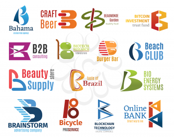 Corporate identity letter B business icons. Vector travel and drink, food and digital money, consulting and science, restaurant and recreation. Beauty and energy, advertising and transport, finance