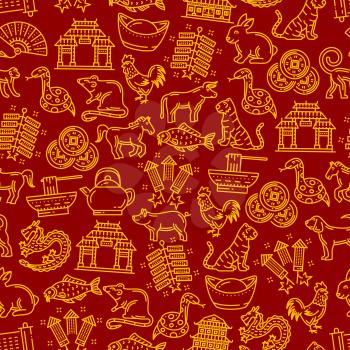 Chinese pattern of lunar year signs. Vector seamless background or traditional religious Chinese New Year symbols of dragon fireworks or firecrackers, coins or noodles and lanterns or Asian noodles