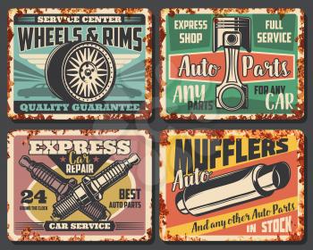Car repair and tor mechanic garage station service. Vector rusty effect plate posters, vehicle mechanic diagnostic, spark plugs replacement and muffler or wheel rims recovery