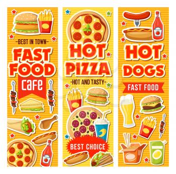 Fast food pizza and burger restaurant menu of snack meal and drink. Potato french fries, hamburger and sausage, hot dog, coffee and ice cream, chicken, milkshake and ketchup, vector design