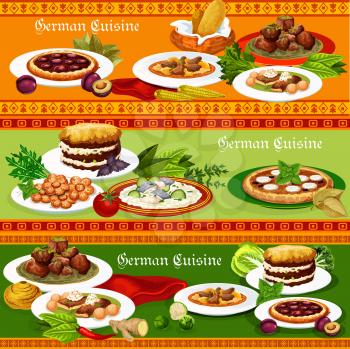 German cuisine meat stew with bavarian beer, pork roast with egg, sausage and potato casserole, fish stew, plum and apple fruit pie, kidney rice and cookie. Traditional meal of Germany, vector