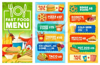 Fast food menu of snacks, drinks and desserts. Hamburger, hot dog and taco sandwiches, pizza, chicken and fries, donut, coffee and soda, ice cream and popcorn. Combo meal, vector design