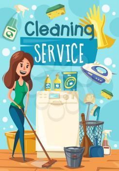 House cleaning work, woman mopping a floor. Vector household appliance and duster brush, bucket and detergent soap or glass polisher. Washing machine and electric iron, broom and scoop