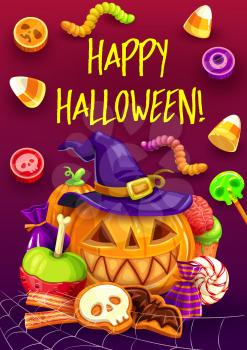 Halloween pumpkins with witch hat and trick or treat candies greeting card. Vector chocolate sweets, jellies and gummy worms, lollipops and cookies with skeleton skull, bats and zombie brain decor