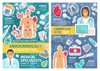 Cardiology clinic and endocrinology hospital doctors vector design with cardiologist, endocrinologist. Medical staff, pills and syringe, stethoscope, heart and ecg, blood pressure and glucose meters