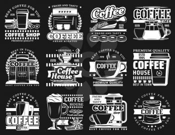 Coffee hot drink, espresso machine and desserts vector icons of coffee shop and cafe. Mugs of cappuccino, latte or mocha, coffee pots, grinder and bean scoop, cake, sugar and milk, emblem design