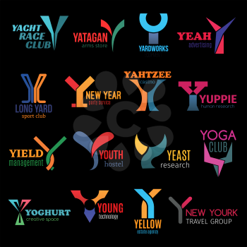 Letter Y icons and business company corporate identity symbols. Vector Y yacht race and sport club, advertising agency or yoga fitness and hotel, travel and tourism group or management technology