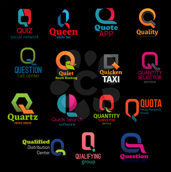Q letter icons, taxi service or social network and education corporate identity symbols. Vector business company Q signs of call center, search software and retro store or distribution logistics