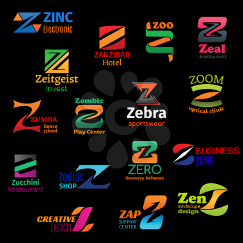 Z letter icons and corporate identity symbols of zoo, dance and fitness school or sportswear store. Vector Z of optical clinic, computer software shop or landscape design agency and restaurant