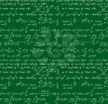 Equations background with geometry, physics, maths and trigonometry scientific formulas. Vector green chalkboard with data lettering, algorithms and logarithms, integrals and theorems, cos and sin