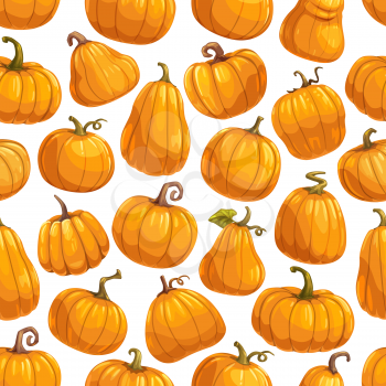 Pumpkin vegetable seamless pattern background with vector orange gourds and autumn squashes, green leaves and vines. Fresh vegetarian food, farm veggies, Halloween and Thanksgiving themes design