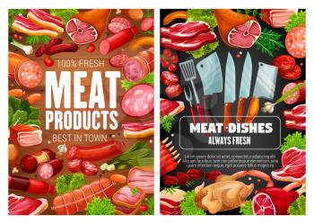 Meat food, pork and beef sausages with herbs and spices. Vector salami, ham and bacon, bbq chicken legs, turkey and frankfurter, burger patty and pepperoni frame on wooden and blackboard background