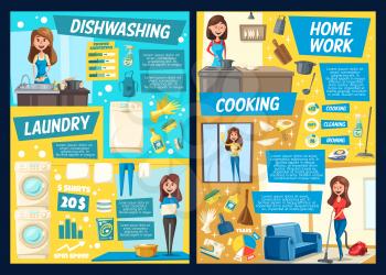 Housework and house cleaning service vector posters of laundry, cooking and washing dishes, windows cleaning and vacuuming. Cartoon women with vacuum, broom and mop, washing machine, sponge, brush