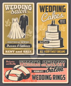 Wedding salon vector design with marriage ceremony bride dress and groom suit, engagement rings and wedding cake with bridal bouquet of rose flowers and flying dove birds. Wedding service posters
