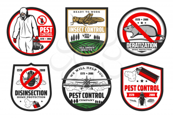 Pest and insect control, deratization and disinsection isolated icons. Vector house and harvest protection, exterminator in chemical protextive uniform with sprayer. Rat and crop duster biplane