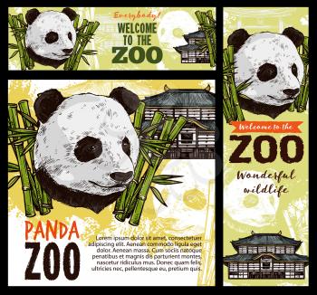 Panda zoo, bamboo leaves and chinese pagoda sketch. Vector cartoon panda bear head mascot and national asian building, invitation in zoology world. Endangered animal in conservation