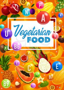 Vitamins in vegetarian fruits, exotic tropical citrus and farm grown fruits harvest. Vector papaya, pineapple and banana, carambola starfruit and lichee, feijoa and kiwi, pomegranate and passion fruit