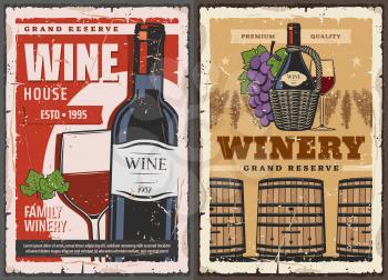 Winemaking house and wine grand reserve vault vintage posters. Vector wine production factory, wooden barrels and red wine glass, vineyard grape leaf and premium quality ribbon