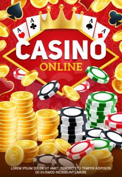 Online casino. Gambling game, blackjack and poker playing cards on red. Vector chips and dice, stacks of gold coins, royal golden crown