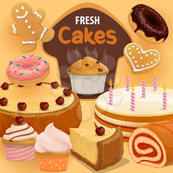 Pastry, desserts and sweet cakes, bakery shop. Vector cupcakes and chocolate, strawberry donuts, muffins and tiramisu. Patisserie confectionery, cheesecakes and vanilla pies
