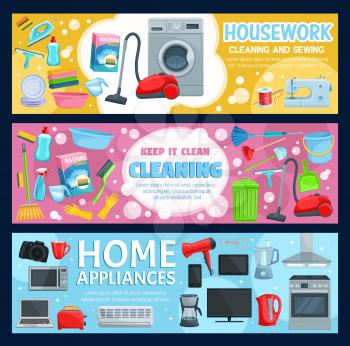 Housekeeping, cleaning and sewing, home appliance. Vector wash and laundry, domestic chores equipment. Chemical means and vacuum cleaner, washing and coffee machine, microwave oven, blender and camera