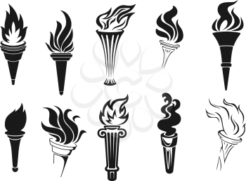 Fire torch vector icons. Vector burning flames, symbols of competition, marathons and rally races, signs of sportive game championship. Monochrome torches with fire or flame