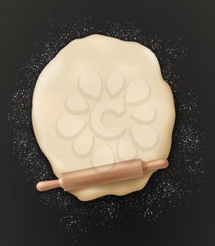 Dough, rolling pin and flour on table, 3d realistic top view. Vector dough kneading with rolling pin, bakery and patisserie or baker shop poster, wheat and rye bread baking