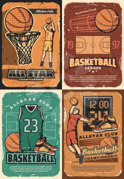Basketball game sport club players with vector halftone orange balls, basket and hoop on court, scoreboard, team uniform jersey and sneakers retro design. Basketball club and championship posters