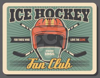 Ice hockey game sport equipment vector design. Sport team players sticks and goalie helmet retro poster, sport club promo, sporting competition or championship match themes