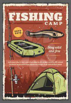Fishing camp retro poster with fish, fisherman and tourist sport equipment. Vector fishing rod, boat, freshwater catfish against background of forest trees. Sporting tournament, outdoor activity